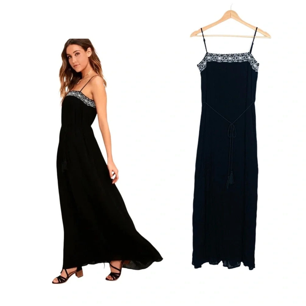 Lulu's Rockaway Beach Maxi Sundress in Black Size Small Embroidered Gauzy